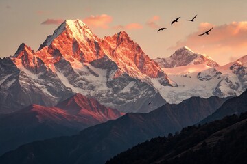 標題：Majestic Alpenglow Sunrise Over Snow-Capped Peaks, Reddish-Gold Light Illuminating the Sky and Flying Birds, Captured in Hyperrealistic 8K, Trending on ArtStation.