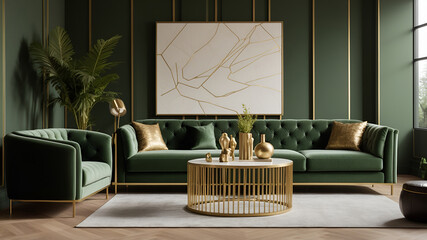 a modern interior design luxurious living room  The wall is adorned with large, three-dimensional, angular shapes in shades of green and gold, creating a dynamic visual effect. In front of the sofa.
