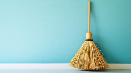 Simple and Clean Broom Against a Teal Wall Background