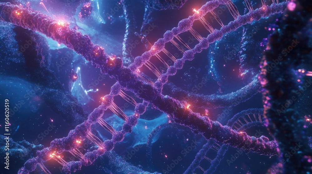 Poster Visual depiction of DNA replication and transcription, focusing on the molecular interaction between nucleotides and proteins during genetic processes.