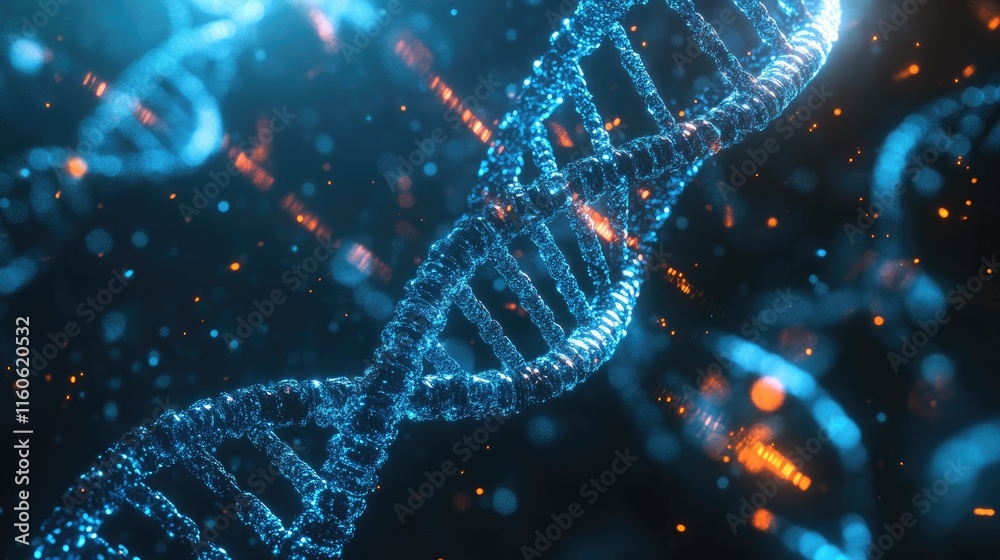 Poster Visual depiction of DNA replication and transcription, focusing on the molecular interaction between nucleotides and proteins during genetic processes.