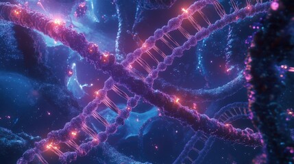 Visual depiction of DNA replication and transcription, focusing on the molecular interaction between nucleotides and proteins during genetic processes.