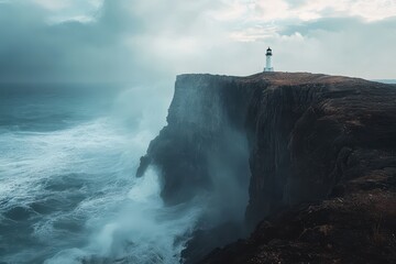 Strong ocean waves pound against a rocky cliffside where a solitary lighthouse stands tall, surrounded by dark clouds and a moody sky during an approaching storm.