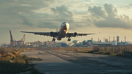 Cargo plane lifting off from a runway near an industrial port