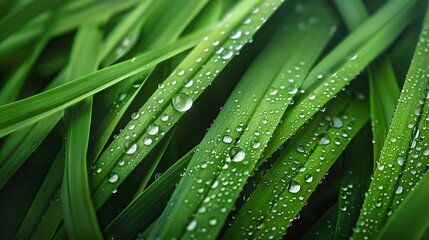 Naklejka premium Hyper-realistic background featuring morning dew drops on blades of grass. full ultra hd, high resolution