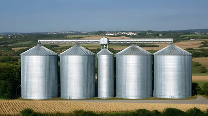 Grain silos standing tall amidst vast farmland, symbolizing the backbone of agricultural sustenance and the enduring cycle of rural life.