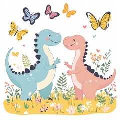 Obraz premium Cute cartoon dinosaurs surrounded by butterflies in a vibrant floral meadow.