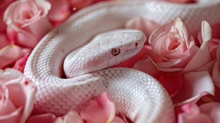Fototapeta premium Beautiful Albino Snake Slithering Gracefully Among Soft Petals