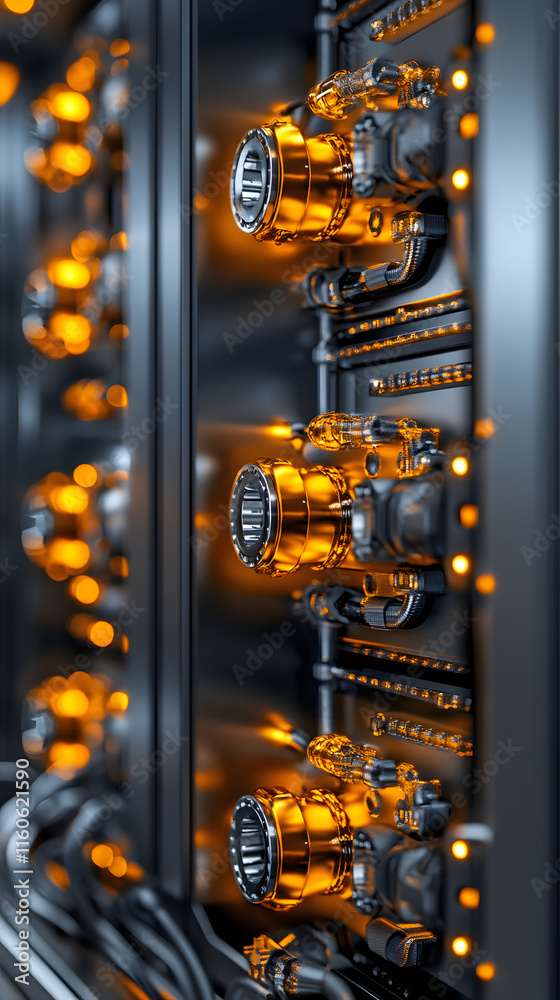 Poster close-up of illuminated electronic components in a modern server or data center