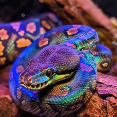 Fototapeta premium Iridescent Rainbow Boa Coiled Among Natural Habitat Elements