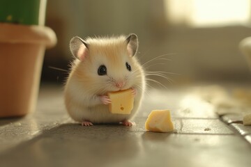 Fototapeta premium A small hamster with soft fur holds a piece of cheese while sitting on a tiled floor. Sunlight streams in, creating a warm, inviting atmosphere in the room.