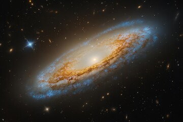 Fototapeta premium A stunning spiral galaxy reveals its detailed structure, showcasing swirling arms of gas and dust illuminated by brilliant stars against a dark backdrop of space.