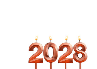 Happy New Year 2028 - Candles in the form of burning numbers on a white background