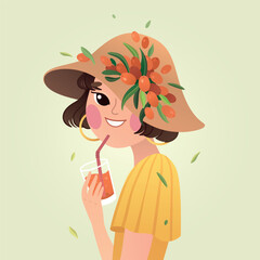 Drinking sea ​​buckthorn lemonade girl