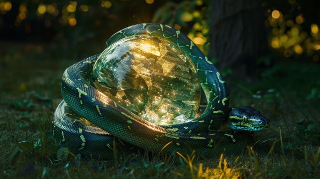 Green Python Wrapped Around Glowing Sphere in Lush Environment