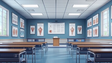 Empty anatomy classroom with desks, charts, and podium.