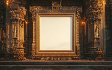 Blank white poster framed in gold, set against a backdrop of a sacred Hindu temple with intricate carvings and the light of oil lamps
