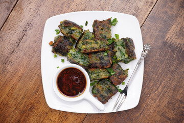 Fried chive dumplings and sweet black soy sauce sauce, Chinese food