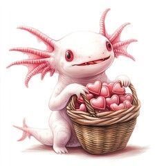 Cute creature with a basket of hearts, white isolated background.