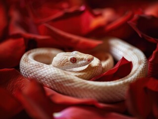 Fototapeta premium Elegant Snake Gliding Over Soft Rose Petals in Gentle Light
