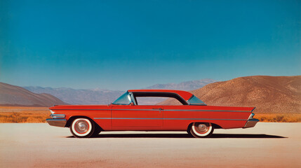 Classic red car parked in a scenic desert landscape under a clear blue sky