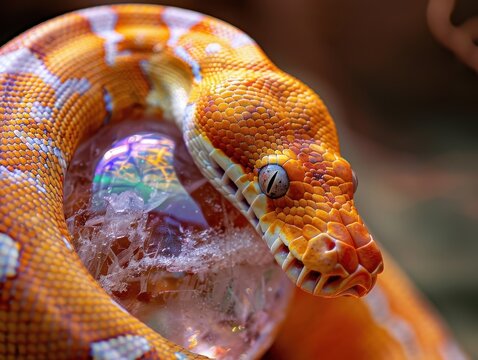 Colorful Python Holding a Crystal Sphere on a Tree Branch