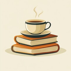 Steaming coffee cup atop a stack of books.