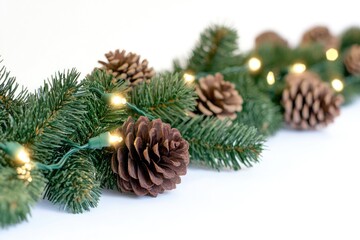 A festive garland made with pine cones and lights on a white background, perfect for winter celebrations or holiday decor