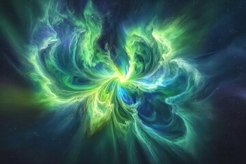 Fototapeta premium A stunning display of swirling colors unfolds in the vastness of deep space, blending shades of green and blue. This cosmic phenomenon captivates with its vibrant energy and movement.