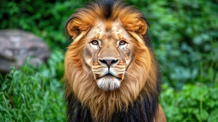 Obraz premium Majestic Lion Staring Intently in a Lush Green Environment