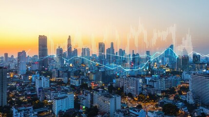 Fototapeta premium Urban Skyline with Financial Data Visualization at Sunset