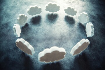 Group of people standing in a circular shape surrounded by clouds, great for use in weather or nature themed projects