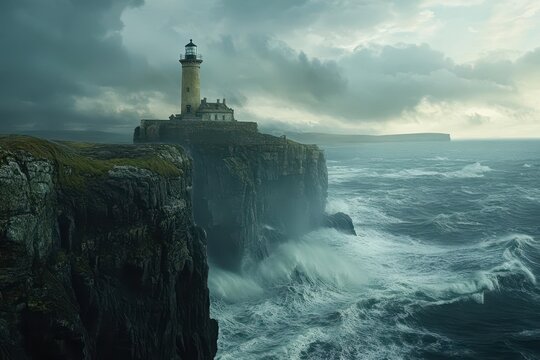 Rough waves pound against a rocky shoreline while a lighthouse overlooks the turbulent sea. Dark clouds loom ominously, creating a dramatic atmosphere on a coastal cliff.