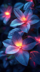 Fototapeta premium Abstract glowing neon botanical shapes like leaves and flowers in electric greens and purples, symbolizing the fusion of nature and technology in a surreal, innovative, and creative composition 