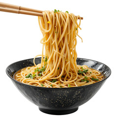 Golden Noodles in Dark Bowl: A Tempting Asian Cuisine Image