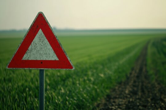 Bright Warning Sign in a Clear Field Setting with Soft Lighting, Highlighting Safety, Direction, and Attention on a Track in Rural Landscape