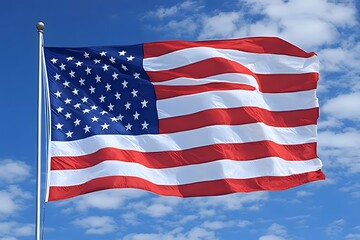 Obraz premium An American flag waves on tall pole against a blue sky.