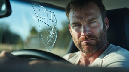 Cracked windshield while driving. Distracted driver looks concerned