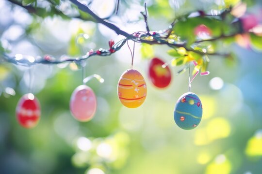 Colorful Easter eggs hang from a tree branch