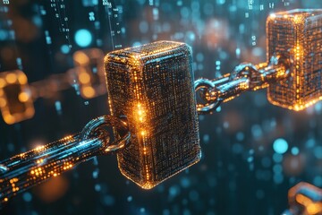 Visual elements depict interconnected blocks floating in a digital space, illuminated by glowing lights, representing blockchain technology in a virtual setting.
