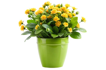 Realistic artificial yellow floral centerpiece with lush green leaves in a shiny green pot for elegant interior styling