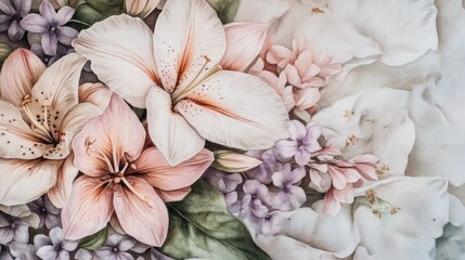 Close-up pastel lilies, lilac, and hydrangea bouquet.