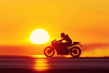 Fototapeta premium A motorcyclist speeds along a coastline as the sun sets on the horizon, casting vibrant colors across the sky and creating an unforgettable moment of freedom and adventure.