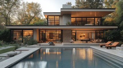 Obraz premium Modern house with pool and lush landscaping. Evening light illuminates the contemporary architecture and outdoor space.