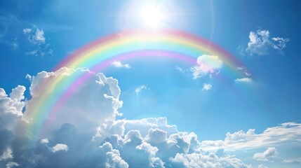 Colorful rainbow arching over fluffy clouds in a vibrant blue sky. Sunlight shines brightly.