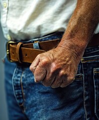 Close-up of an older Caucasian man's clenched fist against a denim background.