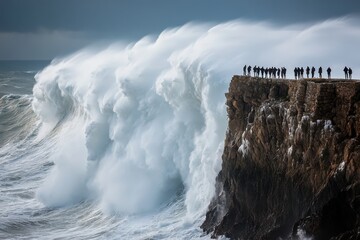 Spectators watch in awe as gigantic waves crash against the rocky cliffs, creating towering sprays of water under a cloudy sky at a coastal location.