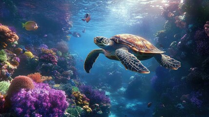 Obraz premium A breathtaking reef scene with sea turtles gliding over vibrant corals and tropical fish, sunlight creating a magical glow.