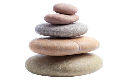 Zen inspired balanced stones pile, featuring smooth river pebbles in gradient shades of gray and beige