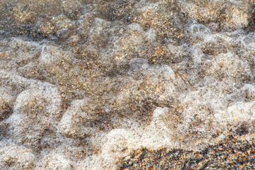 Sea water foam on crushed sea shells ans sand, soft focus close up with motion blur